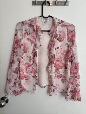 Forever New Pink Floral Ruffle Open Front Blouse